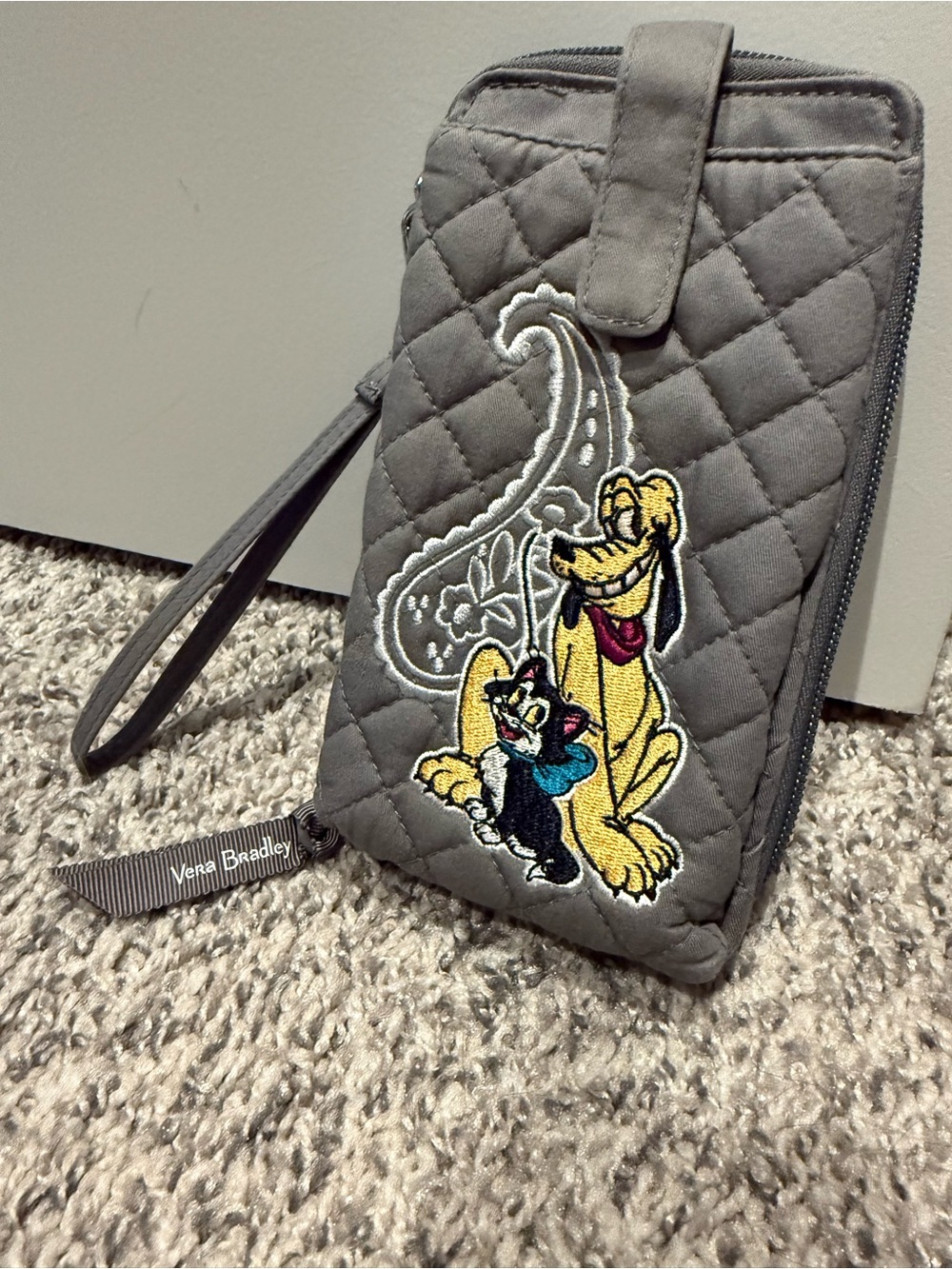 Vera Bradley Gray Quilted Wristlet with Embroidered Disney Characters